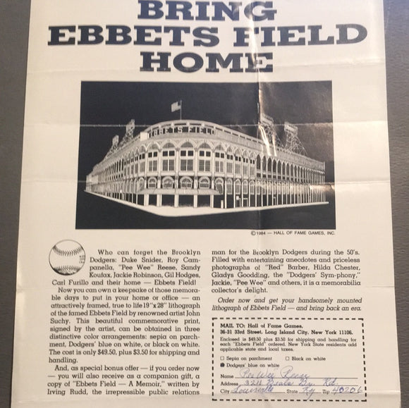 Pee Wee Reese autographed form for a Ebbets Field print with his address