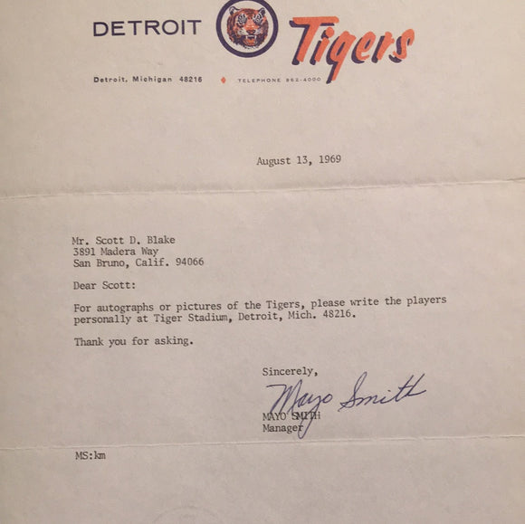 Mayo Smith autographed typed letter on Tiger stationery from 1969