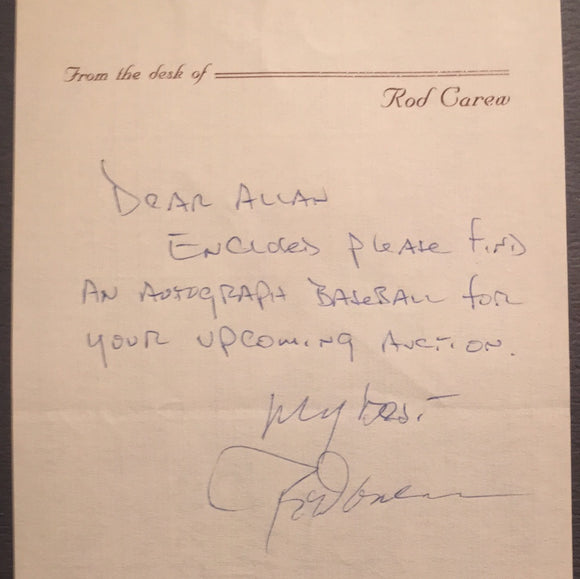 Rod Carew autographed handwritten letter on his stationery