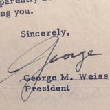 George Weiss autographed letter on NY Met stationery dated 1/7/64 signed George