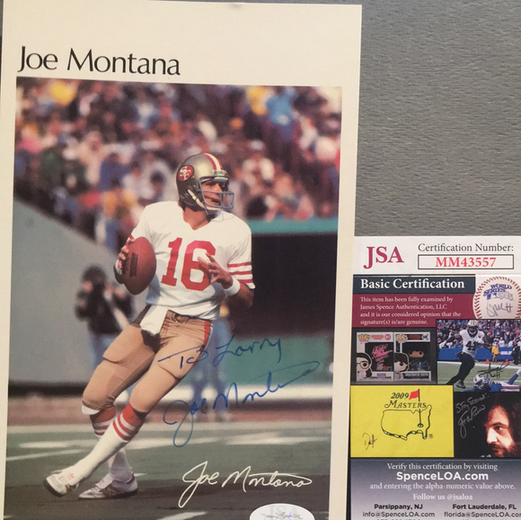 Joe Montana autographed 5. 1/2 by 8 1/2 color photo JSA certified