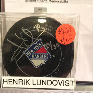 Henrik Lundqvist autographed Game Used puck Steiner14/30