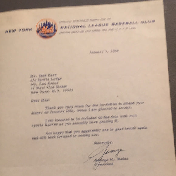 George Weiss autographed letter on NY Met stationery dated 1/7/64 signed George