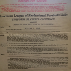 William J Wood players contract sign by Wood and the President Connie Mack