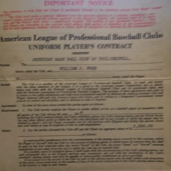 William J Wood players contract sign by Wood and the President Connie Mack