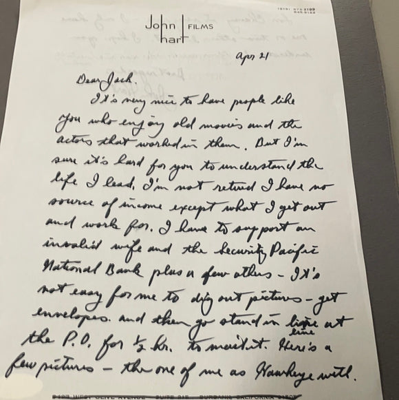 John Hart autographed handwritten letter interesting content JSA certified