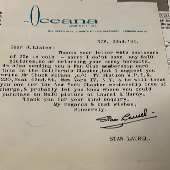 Stan Laurel autographed typed letter JSA certified