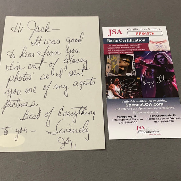 Joy Harmon handwriting note signed Joy JSA certified