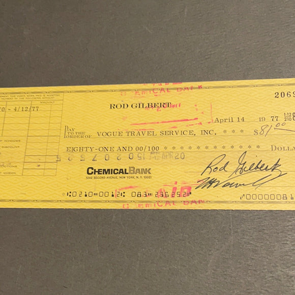 Rod Gilbert full cancelled check with his autograph
