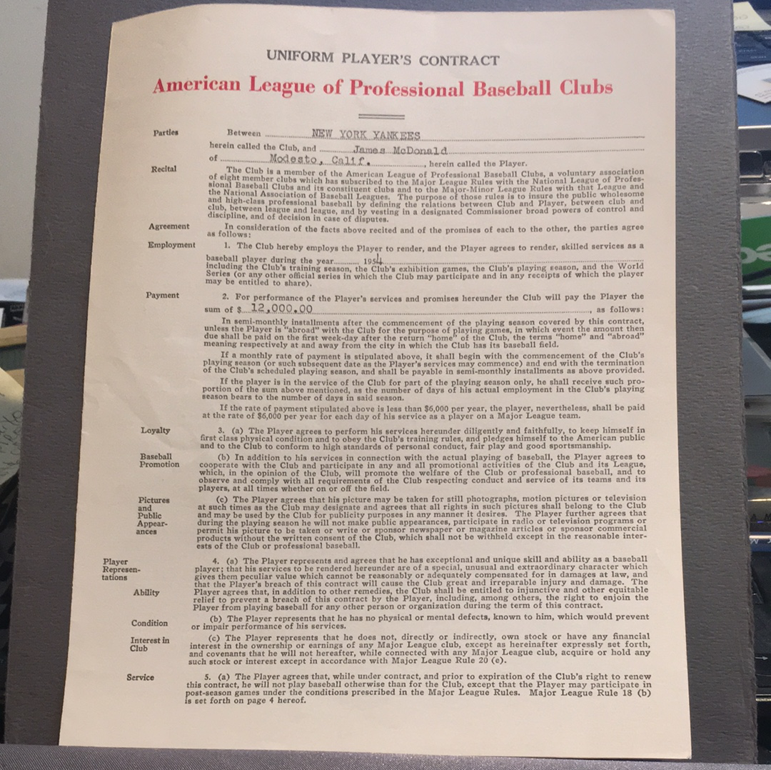 James McDonald autographed players contract form 1954 autographed by M ...