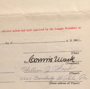 1944 William Wood players contract autographed by Wood and Connie Mack.  Full JSA letter