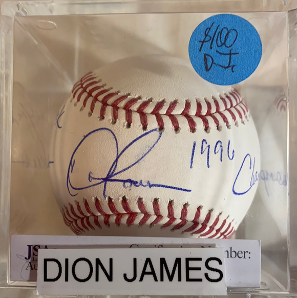 Dion James autographed MLB Baseball 1996 NY Yankees Champions  He played in 6 games.  Rare inscription