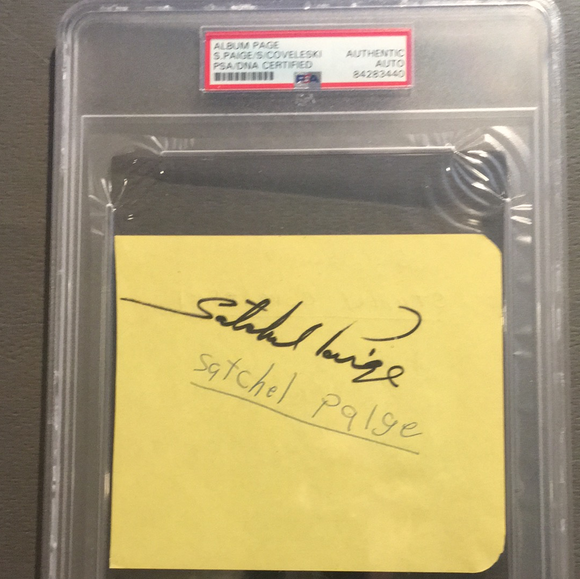 Satchel Paige autographed yellow album page PSA/DNA encapsulated