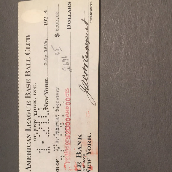 Ed Barrow/Jacob Ruppert autographed Yankee check from 1924.payment for Monroe Schwartz comes with JSA letter.